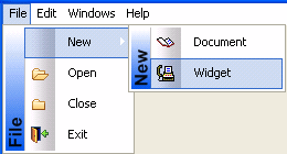 The sample shows a contemporary style menu. The expanded view of the File menu on the left has the options New, Open, Close, and Exit. On the right, the New option is expanded and displays the Document and Widget options.