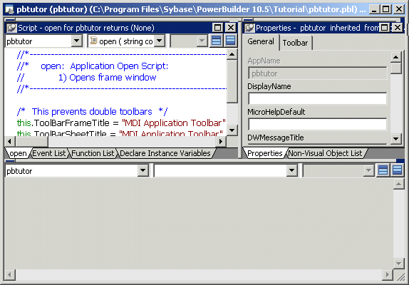 Shown is a screen with a Script view across the bottom. It has no tabbed panes. It lists the Application object p b tutor in a drop-down list box at left and shows two blank drop-down lists to the right.