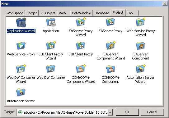 Shown is the Target page of the New dialog box. It has icons for Application, Template Application, Existing Application, E A Server Component, COM / com plus component, Automation Server, Web Site, J S P Target, and Source Controlled Web Target.