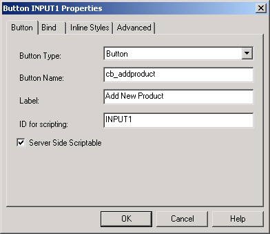 Shown is the button tab page of the Button Properties dialog box. From top to bottom are a drop down list box labeled Button Type with the entry Button, a Button Name text box with the entry c b _ add product, a Label text box with the entry Add New Product, an ID for scripting box with the entry INPUT 1, and a selected check box labeled Server Side Scriptable.