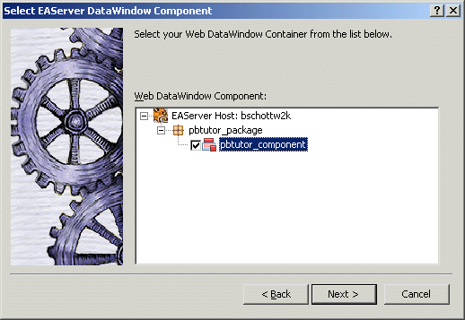 Shown is the Select E A Server Data Window Component screen. At top is the text "Select your Web Data Window Container from the list below. A display area labeled Web Data Window Component shows the etnry E A Server Host : my _ machine with p b tutor _ package under it, and then a selected check box next to p b tutor component. 