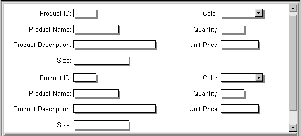 Shown is the add product dot j s p Web page with text fields at left labeled Product ID, Product Name, Product Description, and Size. At right are a Color drop down and text boxes for Quantity and Unit Price. The same set of fields is displayed twice.