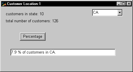 Shown is the Customer Location window. At top is the text " Customers in state : 10  " and a drop down set to C A. Next is the text " total number of customers : 126 " ,  then the Percentage button, then a text box with the entry " 7 point 9 percent of customers in C A. "