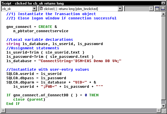 Shown is the Clicked event script for c b _ o k with the lines of code added in the previous two steps in the text.