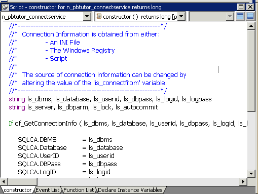 Shown is the Script view displaying the script created by the Connection Object wizard for the Constructor event.