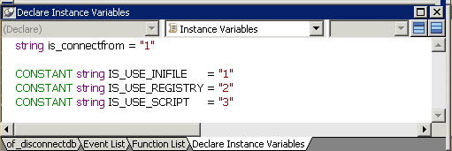 Shown is the Declare Instance Variables view of the Script view. The first line of script shown is string is _ connect from = " 1 ".