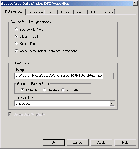 Shown is the Data Window tab of the Sigh base Web Data Window D T C Properties dialog box. At top is a Source for H T M L generation group box with radio buttons for Source File ( * dot s r d ), Library ( * dot pibble ), Report ( * dot p s r ), and Web Data Window Container Component. The Library button is selected. Next is a Data Window group box with a Library path, radio buttons for Generate Path in Script with Absolute selected and Relative and No Path unselected, and a Data Window drop down set to d _ product.