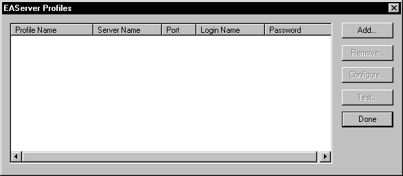 Shown is a screen titled E A Server Profile with blank columns for Profile name, Server Name, Port, Log in Name, and Password.