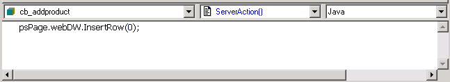 Shown is the script editor for the c b _ add product Server Action ( ) with the script d w underscore 1 dot Insert Row ( 0 ) ;