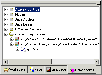 Shown is the Components tab of the System Tree. Expanded under Custom Tag Libraries is the entry for the Currency Exchange Service t l d file with the get Rate class highlighted. 