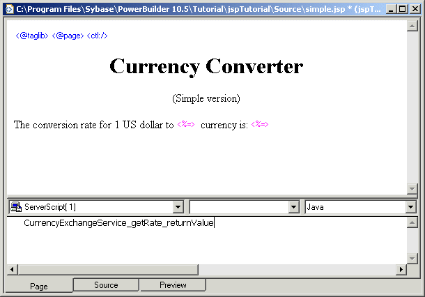 Shown is the simple dot j s p page in Page veiw. Across the bottom is the Script view for Server Script [ 1 ]  with the entry Currency Exchange Service _ get Rate _ return Value.