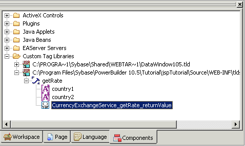 Shown is the Components tab of the System Tree. Expanded under Custom Tag Libraries is the entry for the Currency Exchange Service t l d file with the get Rate class. Under the get Rate class are text entries for country 1 and country 2 and the Currency Exchange Service _ get Rate _ return Value variable, which is highlighted.