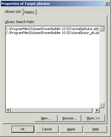 Shown is the library list tab page of the Target Properties dialog box. There two entries in the Library Search Path display area on the page,  P b tutor dot pibble and tutor _ p b dot pibble