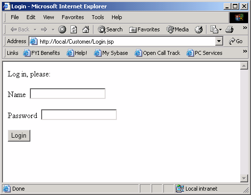 Shown is a browser window displaying the log in dot j s p page. At top is the text Log in, please : followed by text boxes labeled Name and Password. At bottom is a Log in button.