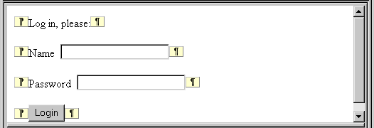 Shown are three lines of text and a button. The first line reads Log in, please:, the next has a text box labeled Name, the third has a text box labeled Password. Last is a Login button.