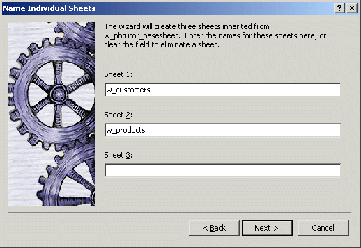 Shown is the Name Individual Sheets page with three text boxes showing w _ customers for Sheet 1, w _ products for Sheet 2, and a blank for Sheet 3.