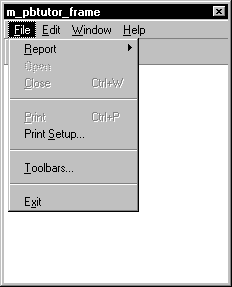 Shown is the drop down menu for the File option. Clearly visible are the options Report, Print Setup, Toolbars, and Exit. The Open menu item is broken and grayed. The Close and Print options are grayed and inverted but legible. 