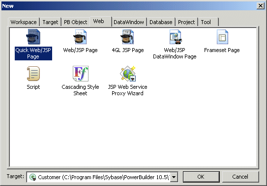 Shown is the Web tab page of the New dialog box, with icons labeled Quick Web / J S P Page, Web / J S P Page, 4 G L Web / J S P Page, Web / J SP Data Window Page, Frame set Page, Script, Cascading Style Sheet, and J S P Web Service Proxy Wizard.