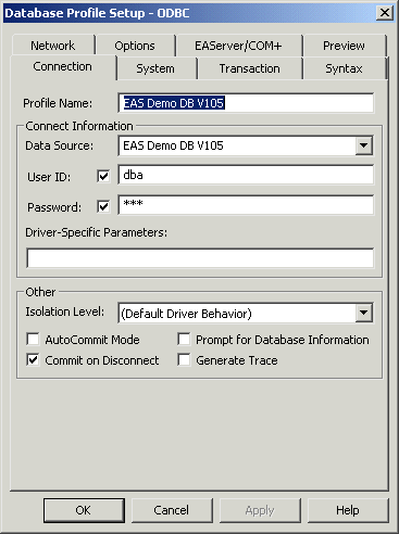 Shown is the Connection page of the Database Profile Setup dialog box. At top is a box for Profile Name with E A S Demo D B v 10 displayed. Next is a Connection Information group box with a drop down for Data Source  showing E A S Demo D B v 10, a selected User I D check box with the entry d b a, a selected Password check box with an entry shown as asterisks, and a blank text box for Driver Specific Parameters. Last is a group box for Other with an Isolation Level drop down set to the Default Driver Behavior, check boxes for Auto Commit Mode, Prompt for Database Information, Commit on Disconnect, and Generate Trace.