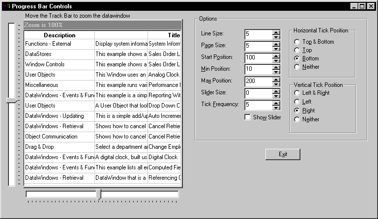 Shown is a window with many types of controls. Shown at  left is a DataWindow control with horizontal and vertical track bars for scrolling and three columns of data. On the right is an Options group box with static text controls containing descriptive labels such as Line Size and Page Size for edit mask controls that display numeric values and up and down arrows representing Spin Controls. Next is a check box labeled Show Slider, and two smaller group boxes for Horizontal and Vertical Tick Position with radio buttons. Under the main group box is an Exit command button.