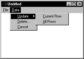 Shown is a window with the Data menu item selected. Under Data is a drop-down menu is a menu with the options Update, Delete, and Cancel. Update is selected, and to its right is a cascading menu with the options Current Row and All Rows. 