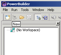 Shown is a section of a tool bar with the first icon highlighted. Below the icon is the word New in a rectangle. This is a pop up that describes the icon.