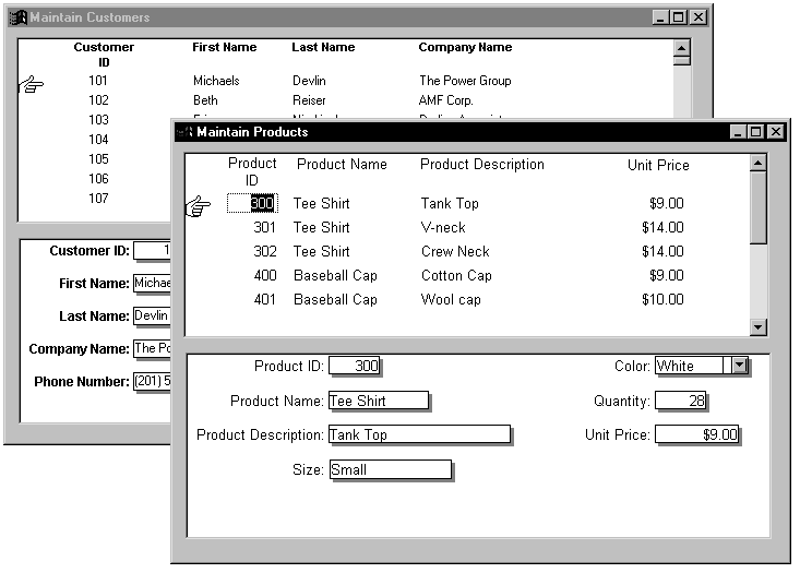 Shows are two overlapping windows titled Maintain Customer and Maintain Products. The top half of the Maintain Products window contains a list of products showing ID, Name, Description, and unit price, with a pointer to a single selected product; the bottom half of the window displays extra detail for the product currently selected.