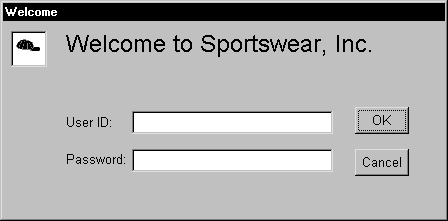 Shown is a a log in window titled Welcome to Sportswear, Inc. with text input boxes for User ID and Password.