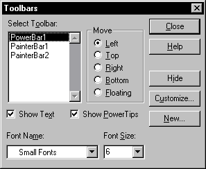 Shown is the Tool bars dialog box with a drop down at left labeled Select Toolbar. Power Bar 1 is selected. To the right is a series of radio buttons labeled Move. The Left radio button is selected, indicating that the currently selected toolbar is at the left of the work space.