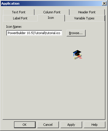 Shown is the Icon page of the Application property sheet. It displays a text box for Icon Name with the entry PowerBuilder 10 dot 0 backslash Tutorial backslash  Tutorial dot i c o and next to it is Browse button. Displayed is an icon of a graduation cap and diploma.