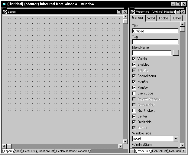 Shown at left is the layout view, a large gray rectangle with a grid of dots that represents the window you are building. At right is the General tab of the Properties view with text boxes for Title, Tag, and Menu Name, then a series of check boxes. Selected are the boxes labeled Visible, Enabled, Control Menu, Max Box, Min Box, Center, and Resizable. Cleared are the boxes labeled Client Edge and Right to Left. At bottom, a Window Type drop down shows the selection main 1.