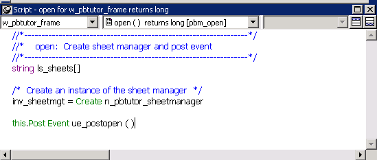 Shown is the script area for the w _ p b tutor _ frame open event. At the bottom of the area is the text: open ( w _ welcome )