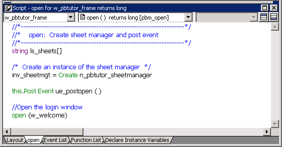 The Open function for the pbtutor_frame window displays in the Script view.