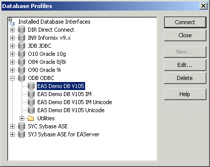 Shown is the tree view of the Database Profile painter with E A S Demo D B v 10 highlighted under the entry O D B O D B C