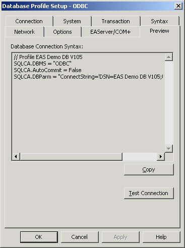 Shown is the Preview tab of the Database Profile Setup dialog box. It displays the Database Connection Syntax in a scrollable area. Below this are buttons for Copy and Test Connection.