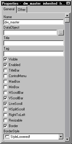 Shown is the General tab in the Properties view. The name text box at the top displays the entry d w _ master.