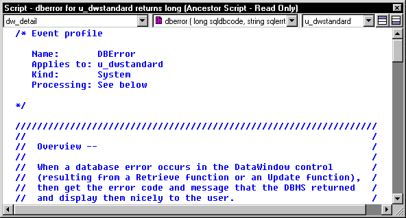 Shown is the script view for the DBError event with the script of the ancestor control u _ d w standard displayed.