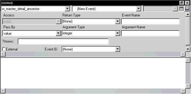 Shown is the Script view with w _ master _ detail _ ancestor displayed in the first drop down, New Event in the second drop down, and a blank in the third drop down. Next to the third drop down is a pair of toggles for displaying or hiding the Prototype window. The Prototype window is displayed.