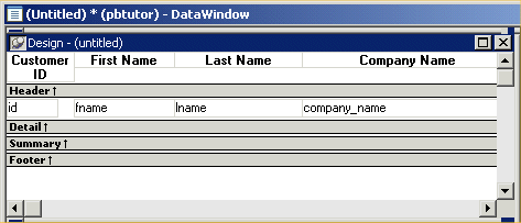 Shown is the Design view. The horizontal Heading band at the top includes the headings Customer I D, First Name, Last Name, and Company Name. The Detail band below it displays the column names i d , f name, l name, and company _ name.