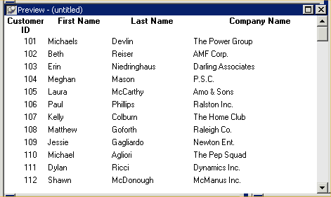 Shown is the Preview of the Data Window as it will appear during execution. Columns titled Customer I D, First Name, Last Name, and Company Name display rows of actual data sorted in ascending order by customer I D.