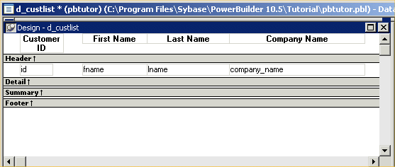 Shown is the Design view. The horizontal Heading band at the top includes the headings Customer I D, First Name, Last Name, and Company Name. They are left justified in their boxes and all headers have been shifted farther right. The Detail band below the Header band displays the column names i d , f name, l name, and company _ name. All are aligned with their headings.