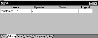 Shown is the Where view. it has columns labeled Column, Operator, Value and Logical. The single Column displayed is " customer " dot " id " and its Operator is an equal sign.