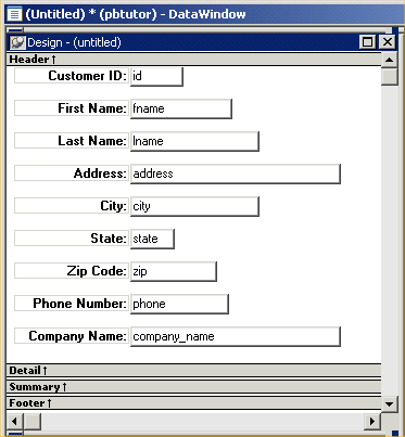 Shown is the Detail band of the Design view of the Data Window painter. It shows a series of labeled text fields, one for each of the columns included in the Data Window object. The fields and labels are arranged one pair to a line with the labels on the left and right justified and the column names left justified next to them.