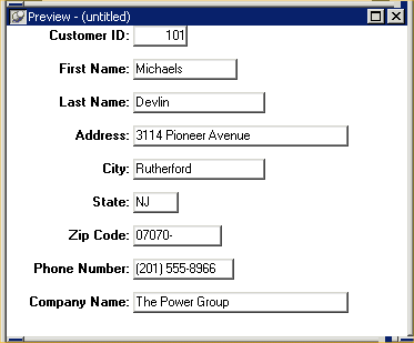 Shown is the Preview view of the Data Window object. It shows a series of labeled text fields, one for each of the columns included in the Data Window object. The fields have actual data in them.