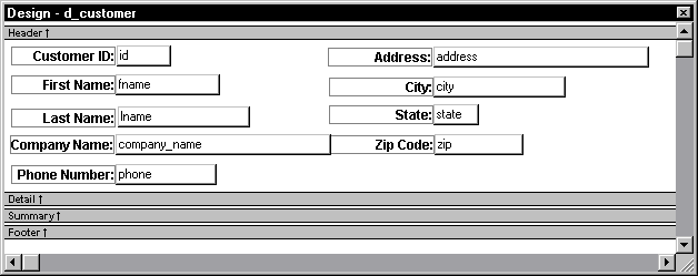 Shown is the Detail band of the Design view of the Data Window painter. It includes a series of labeled text fields, one for each of the columns included in the Data Window object. The labeled fields are arranged two to a line. Labels appear on the left of each pair and are right justified. The column names are left justified next to them. The zip code field and company name overlap each other on the same line.