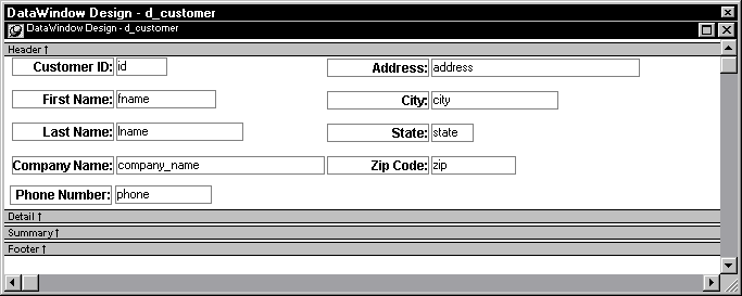 Shown is the Detail band of the Design view of the Data Window painter. It includes a series of labeled text fields  that are arranged two to a line. Labels appear on the left of each pair and are right justified. The column names are left justified next to them. The zip code field and company name, which share a line, no longer overlap each other. All the other fields on the right of the screen are aligned with the zip code field.