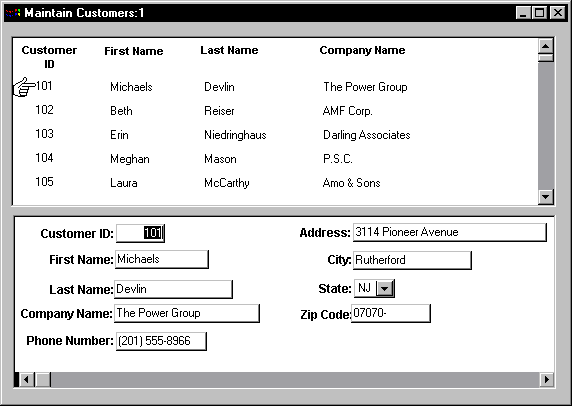 Shown is the Customer window titled Maintain Customers 1. Across the top half of the screen are the column headings Customer I D, First Name, Last Name, and Company Name. They have rows of actual data and a hand icon at the left points to the top row. The bottom half of the screen shows data in labeled text boxes on the left side for Customer I D, First Name, Last Name, Company Name, and Phone Number. On the right side are labeled text boxes with data for Address and City, a drop down for State set to NJ, and then a text box with data for Zip Code.