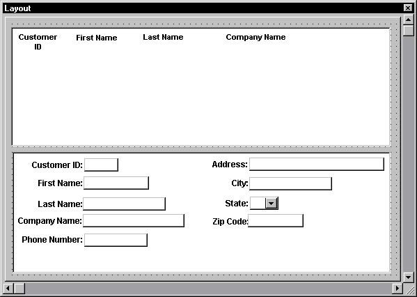 Shown is the Layout view with the d _ customer Data Window object inside the d w _ detail control. Across the top half of the screen are the column headings Customer I D, First Name, Last Name, and Company Name. The bottom half of the screen shows labeled text boxes on the left side for Customer I D, First Name, Last Name, Company Name, and Phone Number. On the right side are labeled text boxes for Address and City, then a drop down for State, and then a text box for Zip Code.