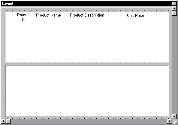 Shown are the headings for the DataWindow object in the Layout view. Across the top half of the Layout view are the headings Product I D, Product Name, Product Description, and Unit Price.