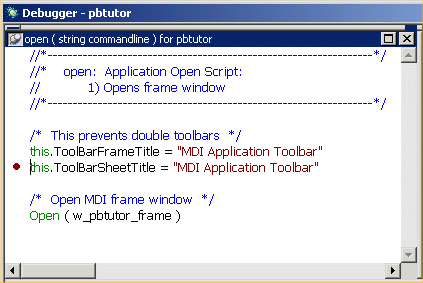 Shown is the Source view displaying code for the p b tutor event open ( string command line ). A dot signifying a break point appears to the left of the following line : this dot Tool Bar Sheet Title equals " M D I Application Tool bar "